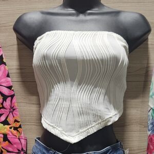 Women's White Strapless Pointed-Hem Crop Top Size Medium Vacation Summer Casual